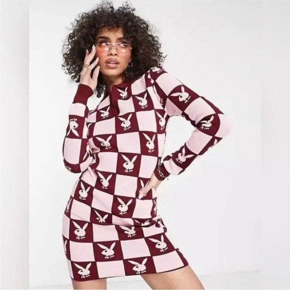 Missguided x Playboy Checker Print Long Sleeve Knit Sweater Dress | Sold Out Y2K - Picture 1 of 1